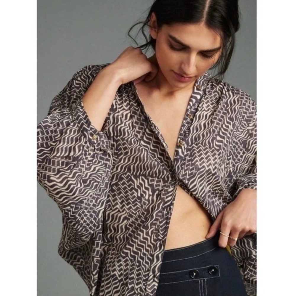Anthropologie Pilcro Oversized Geometric Printed Cotton Blouse XS Quiet Luxury